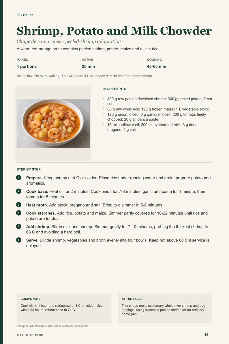 Actual PDF page 13 from A Taste of Peru: Shrimp, Potato and Milk Chowder recipe page.