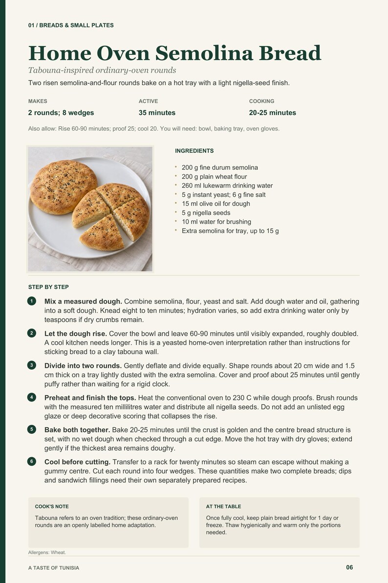 Actual PDF page 6 from A Taste of Tunisia: Home Oven Semolina Bread recipe page.
