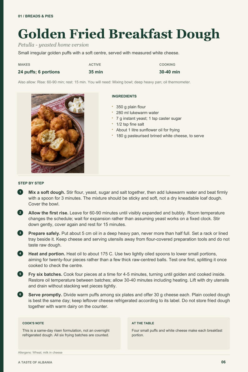 Actual PDF page 6 from A Taste of Albania: Golden Fried Breakfast Dough recipe page.