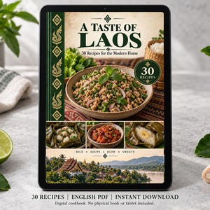 Digital cookbook mockup displaying the actual A Taste of Laos cover. English PDF download only; no tablet or physical book included.