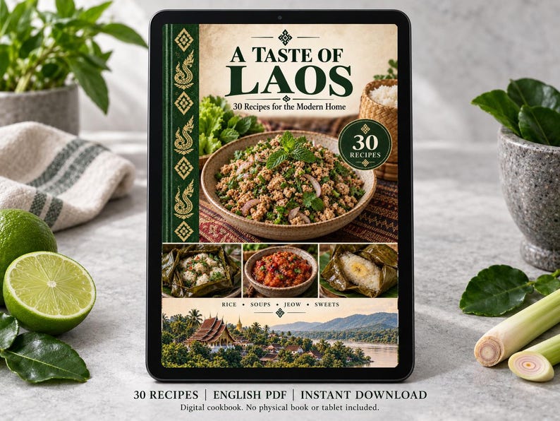 Digital cookbook mockup displaying the actual A Taste of Laos cover. English PDF download only; no tablet or physical book included.