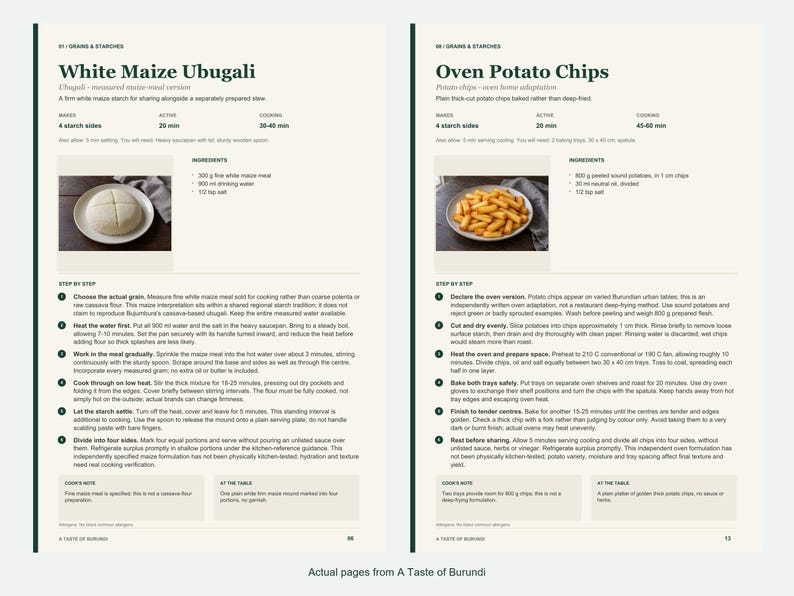 Two actual recipe pages from A Taste of Burundi.