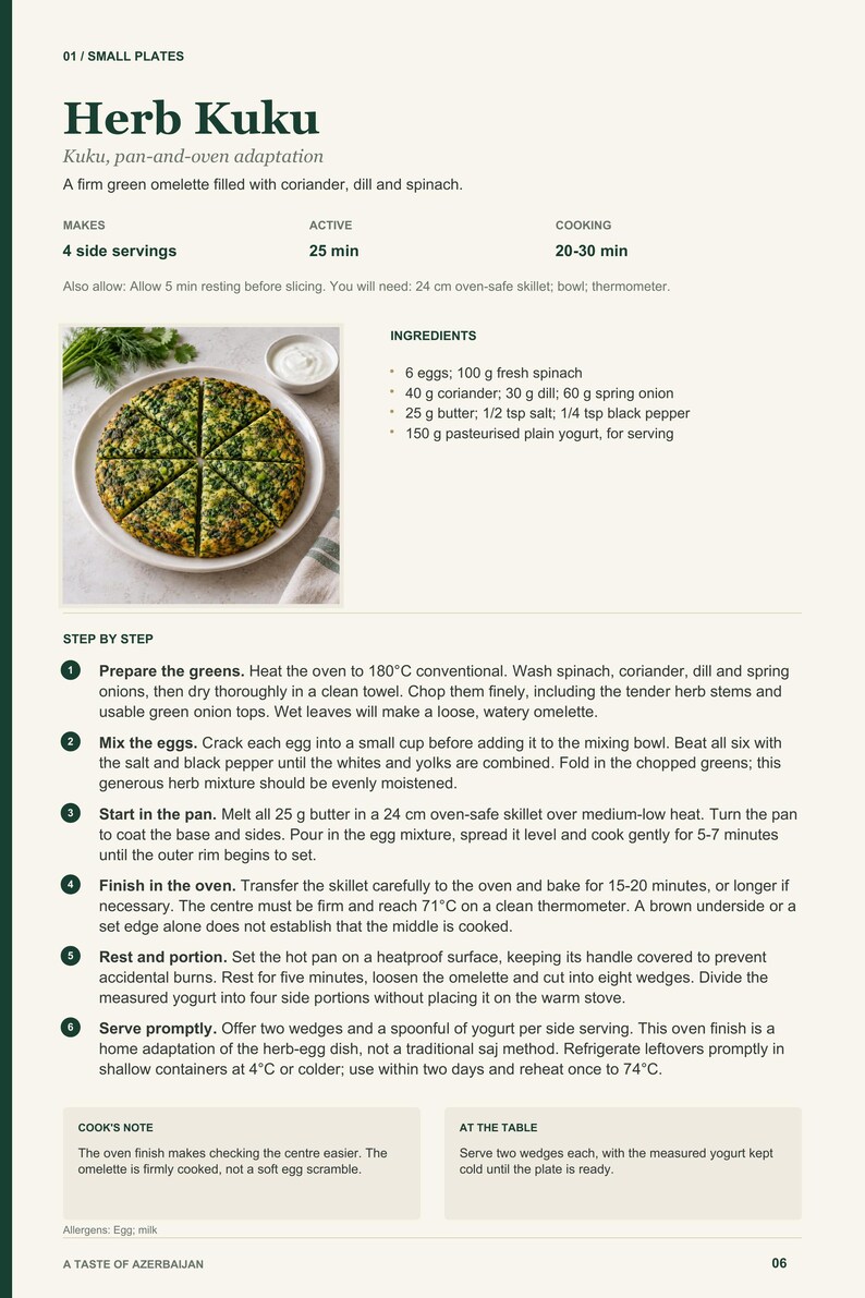 Actual PDF page 6 from A Taste of Azerbaijan: Herb Kuku recipe page.