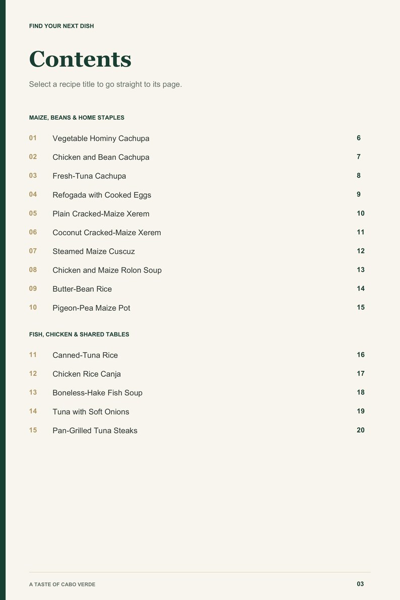 Actual PDF page 3 from A Taste of Cabo Verde: Contents, page 1.