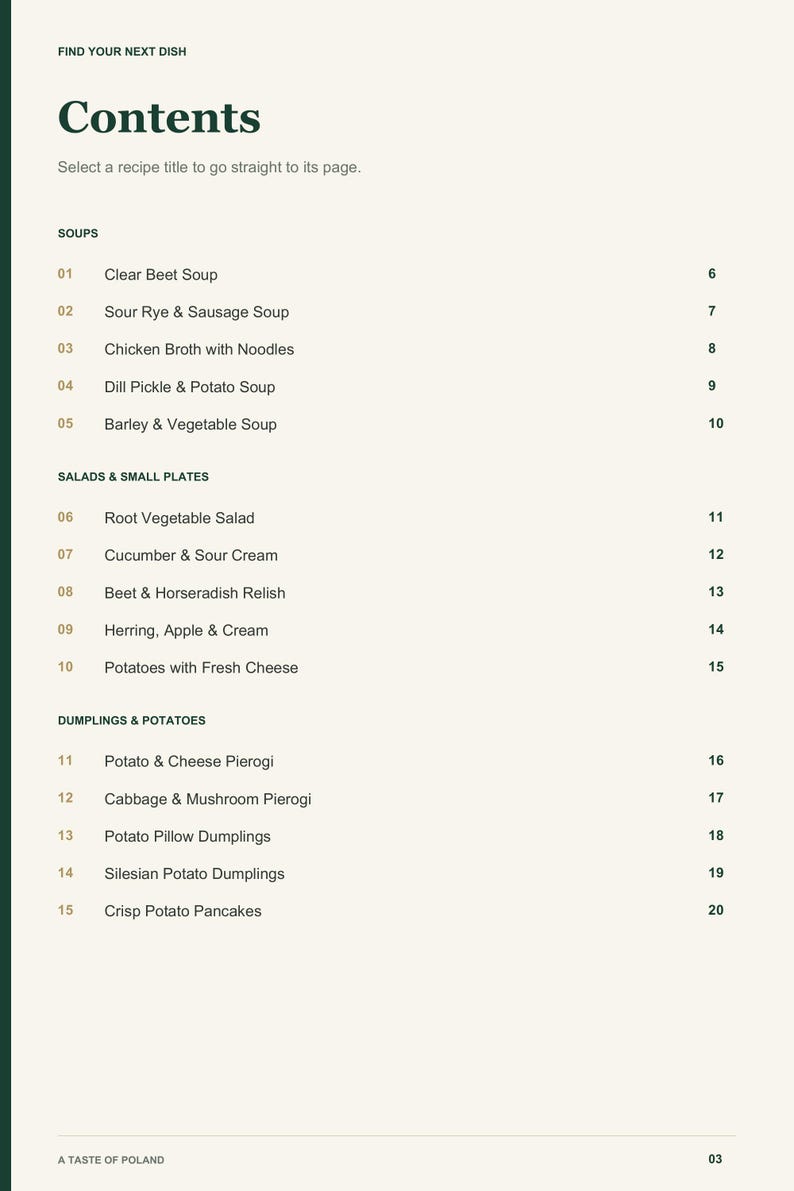 Actual PDF page 3 from A Taste of Poland: Contents, page 1.