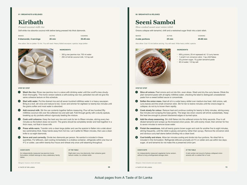Two actual recipe pages from A Taste of Sri Lanka.
