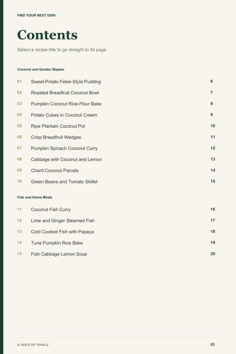 Actual PDF page 3 from A Taste of Tuvalu: Contents, page 1.