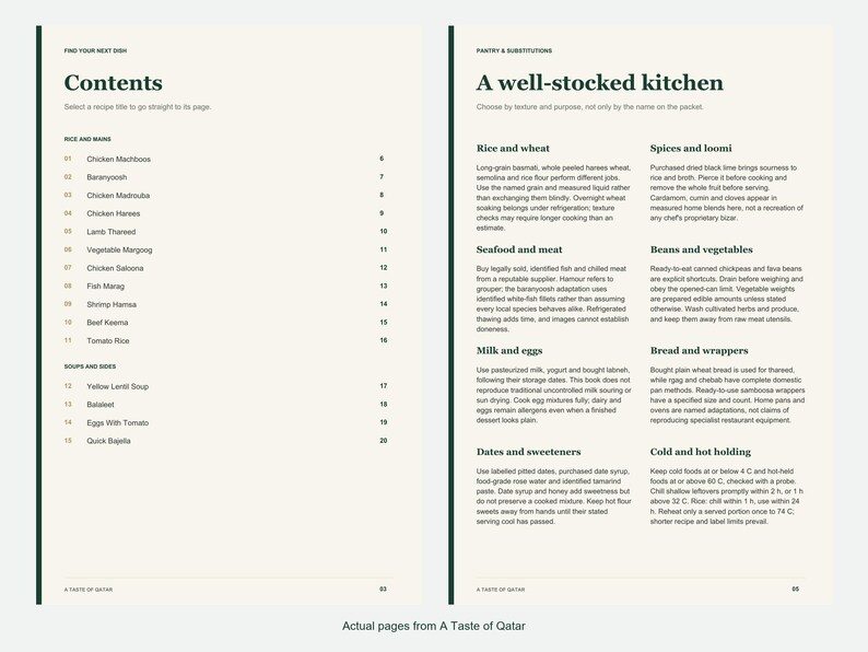 Actual contents and kitchen-notes pages from A Taste of Qatar.
