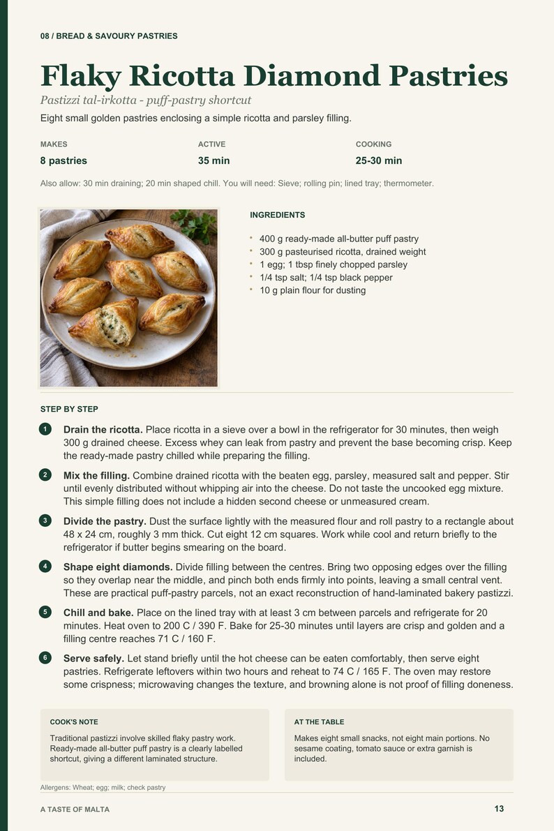 Actual PDF page 13 from A Taste of Malta: Flaky Ricotta Diamond Pastries recipe page.