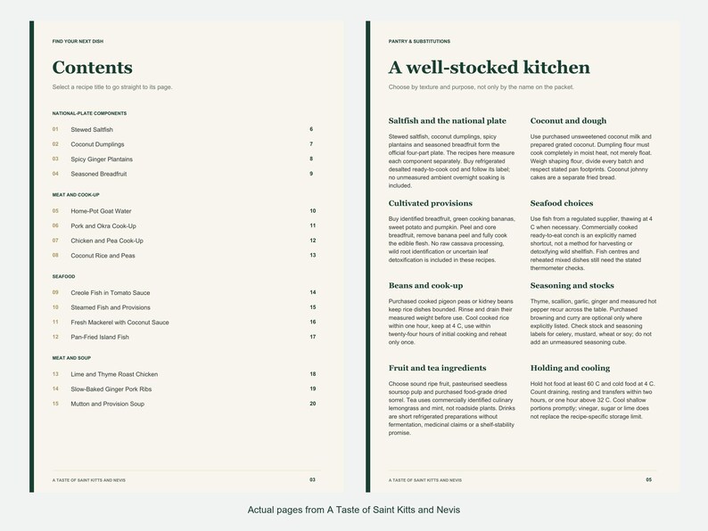 Actual contents and kitchen-notes pages from A Taste of Saint Kitts and Nevis.