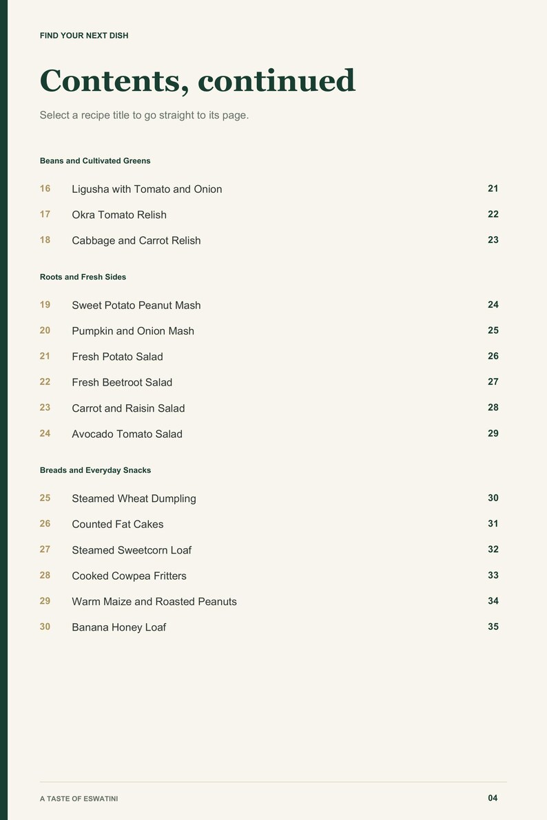 Actual PDF page 4 from A Taste of Eswatini: Contents, page 2.