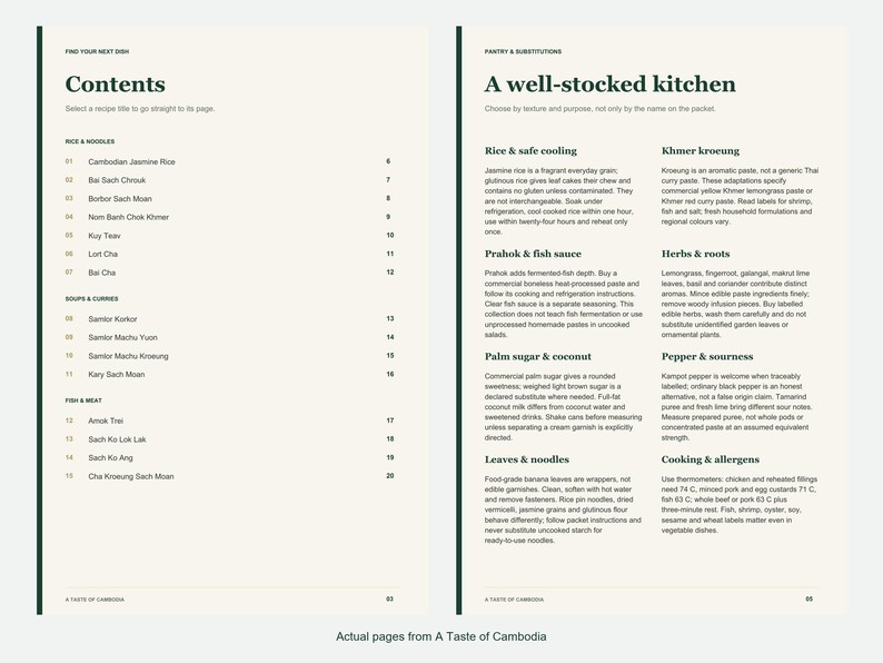 Actual contents and kitchen-notes pages from A Taste of Cambodia.