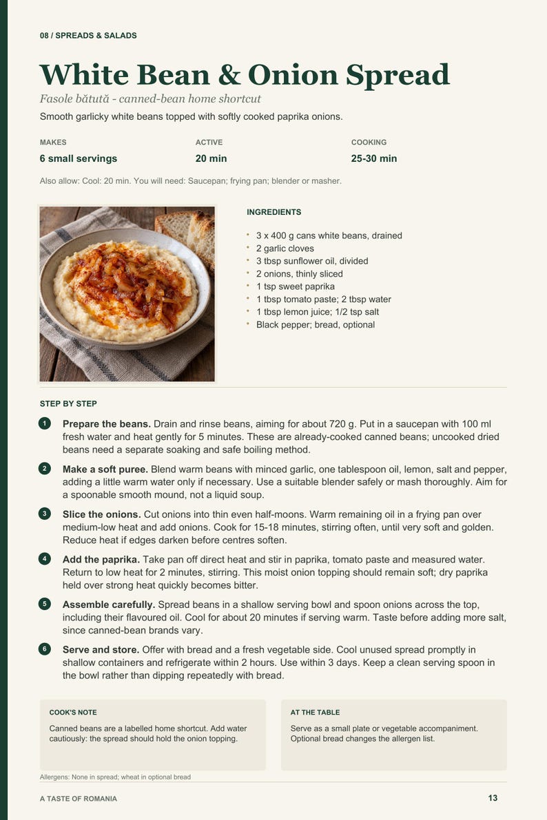 Actual PDF page 13 from A Taste of Romania: White Bean & Onion Spread recipe page.