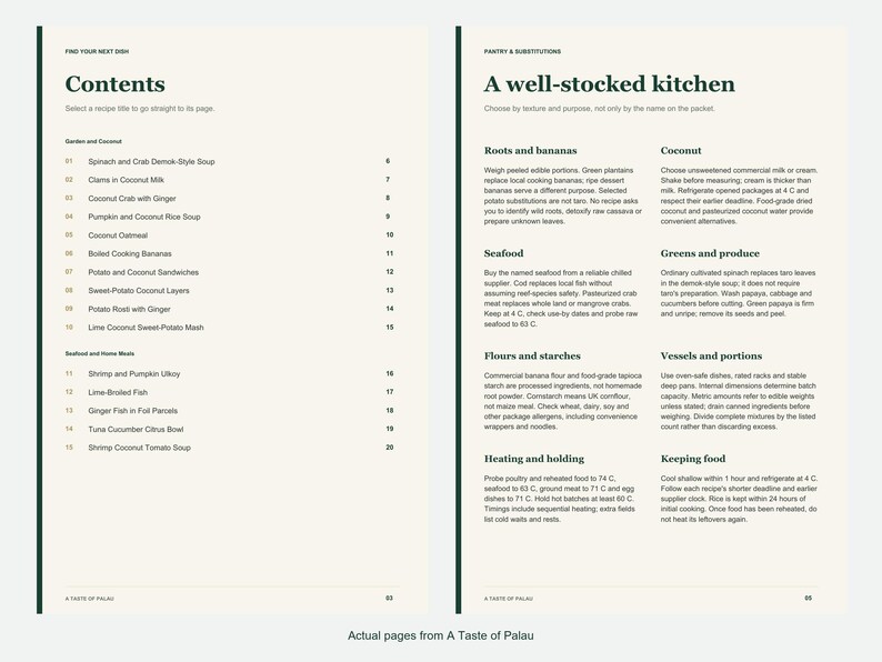 Actual contents and kitchen-notes pages from A Taste of Palau.