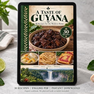 Digital cookbook mockup displaying the actual A Taste of Guyana cover. English PDF download only; no tablet or physical book included.