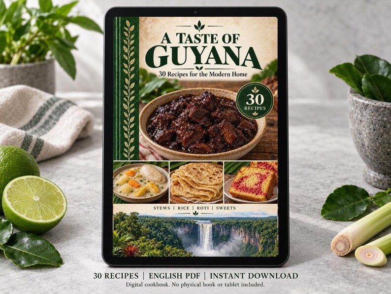 Digital cookbook mockup displaying the actual A Taste of Guyana cover. English PDF download only; no tablet or physical book included.