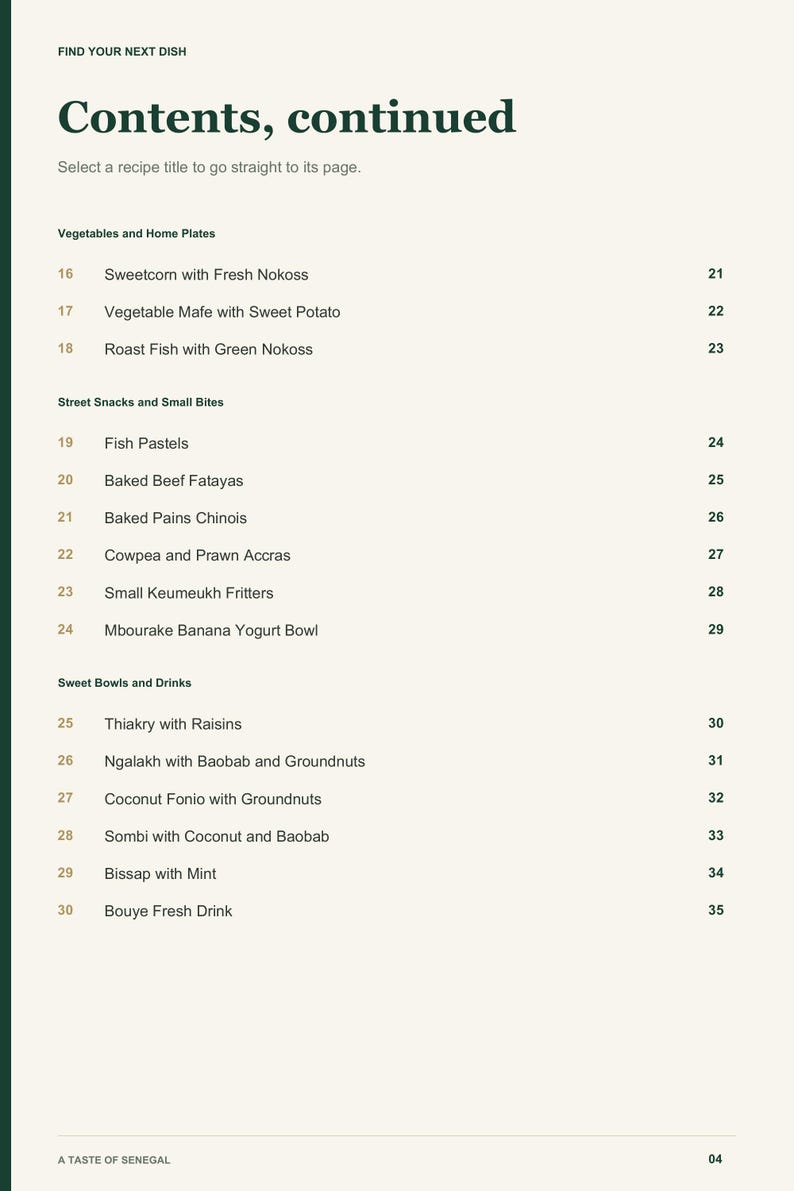 Actual PDF page 4 from A Taste of Senegal: Contents, page 2.
