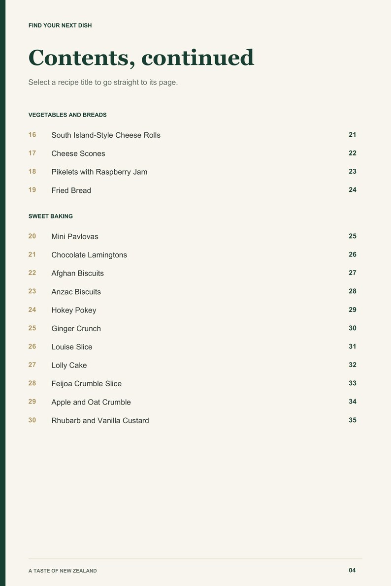 Actual PDF page 4 from A Taste of New Zealand: Contents, page 2.