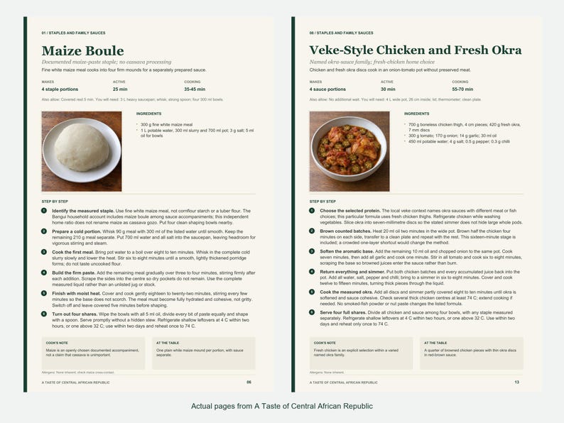 Two actual recipe pages from A Taste of Central African Republic.