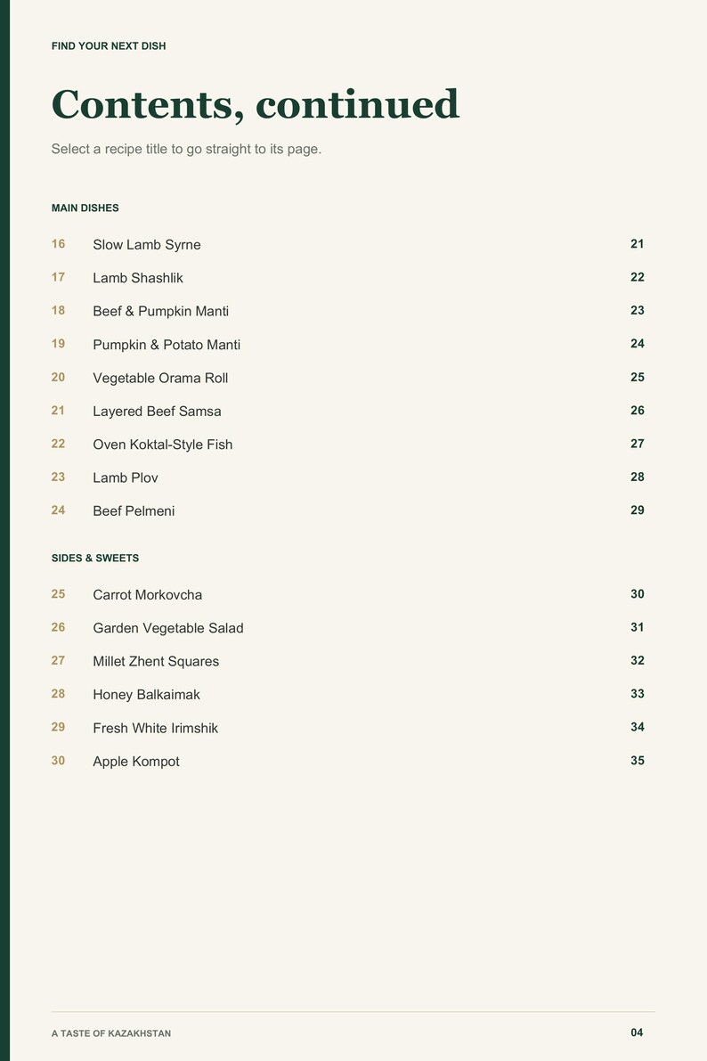 Actual PDF page 4 from A Taste of Kazakhstan: Contents, page 2.