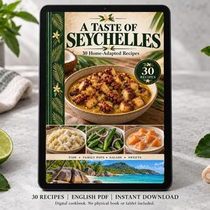 Digital cookbook mockup displaying the actual A Taste of Seychelles cover. English PDF download only; no tablet or physical book included.