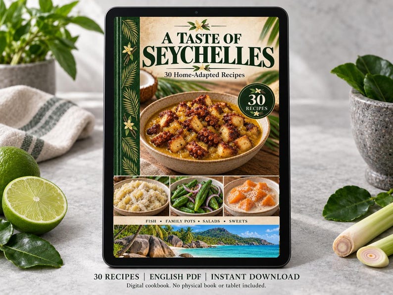 Digital cookbook mockup displaying the actual A Taste of Seychelles cover. English PDF download only; no tablet or physical book included.