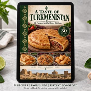 Digital cookbook mockup displaying the actual A Taste of Turkmenistan cover. English PDF download only; no tablet or physical book included.