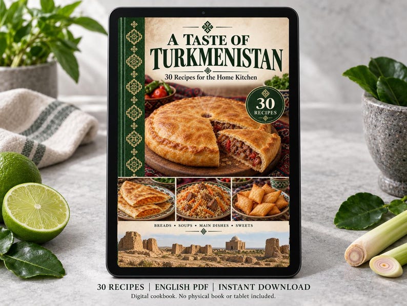 Digital cookbook mockup displaying the actual A Taste of Turkmenistan cover. English PDF download only; no tablet or physical book included.