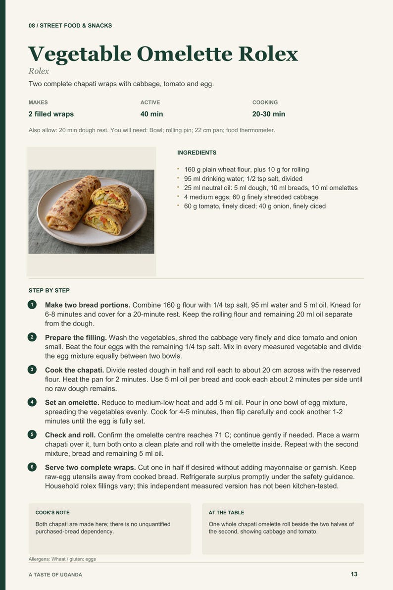 Actual PDF page 13 from A Taste of Uganda: Vegetable Omelette Rolex recipe page.