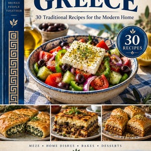 Actual cover of the A Taste of Greece PDF cookbook.