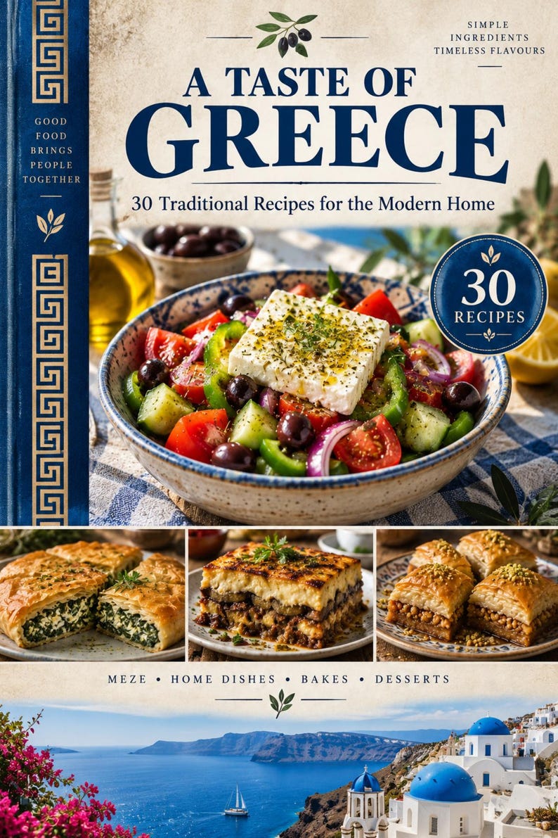Actual cover of the A Taste of Greece PDF cookbook.