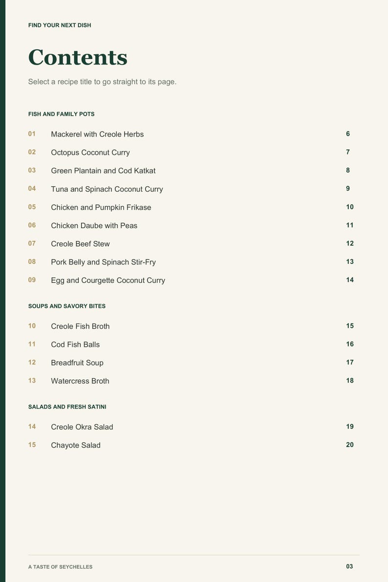 Actual PDF page 3 from A Taste of Seychelles: Contents, page 1.