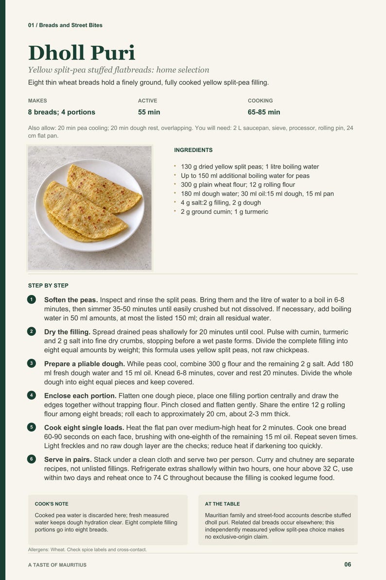 Actual PDF page 6 from A Taste of Mauritius: Dholl Puri recipe page.