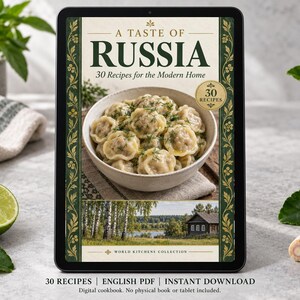 Digital cookbook mockup displaying the actual A Taste of Russia cover. English PDF download only; no tablet or physical book included.