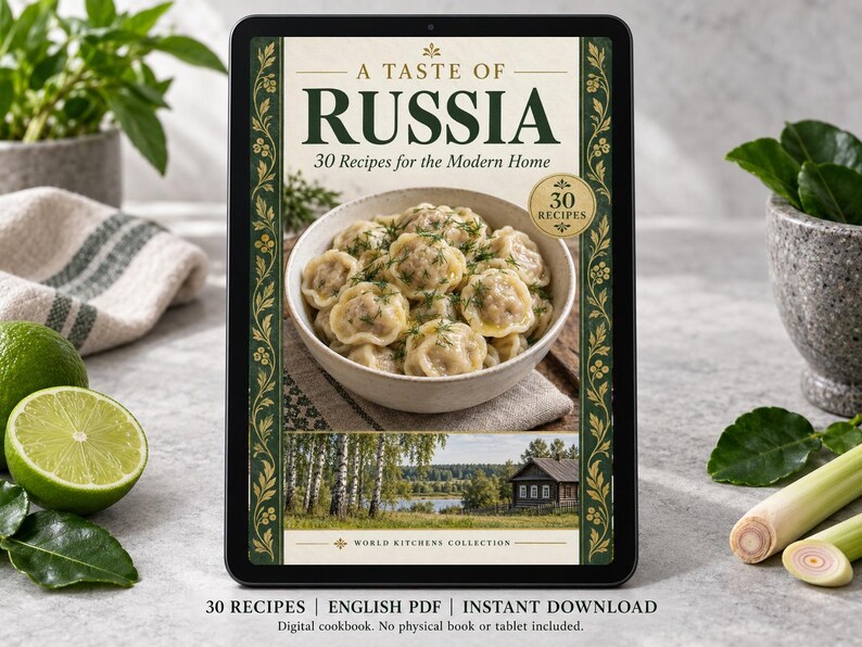 Digital cookbook mockup displaying the actual A Taste of Russia cover. English PDF download only; no tablet or physical book included.
