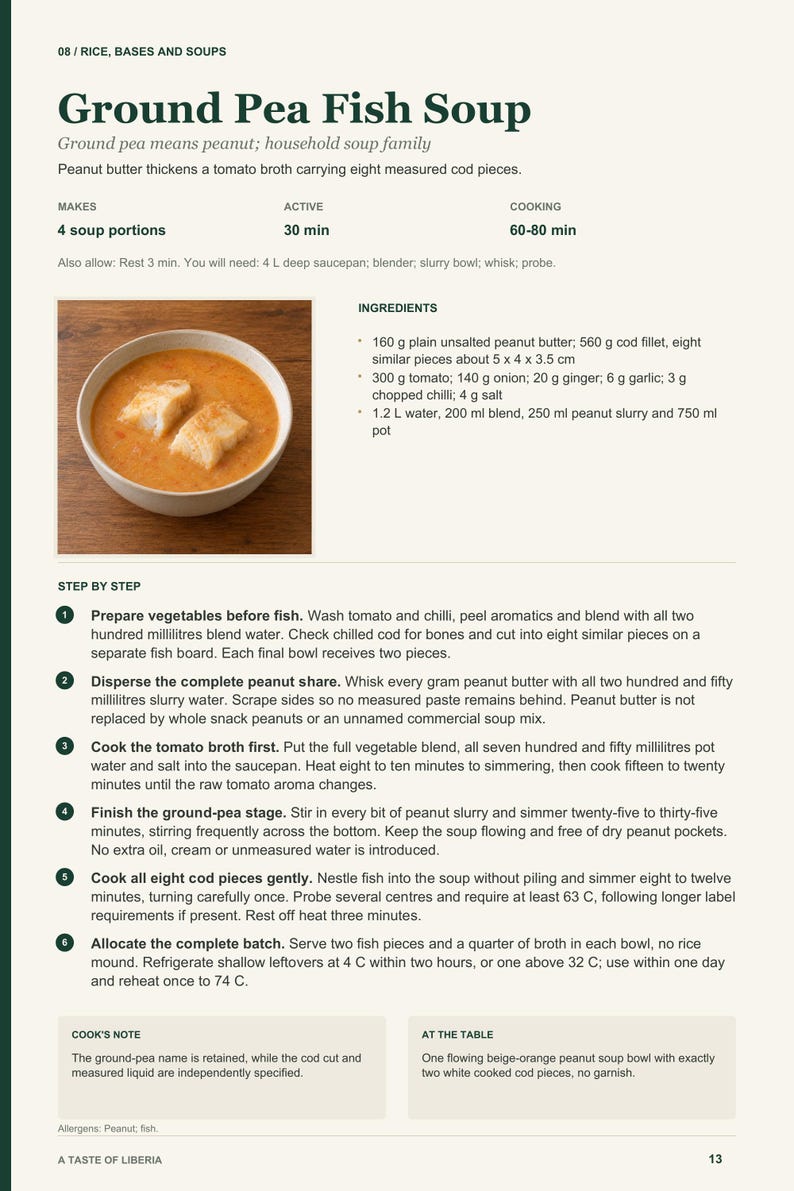 Actual PDF page 13 from A Taste of Liberia: Ground Pea Fish Soup recipe page.