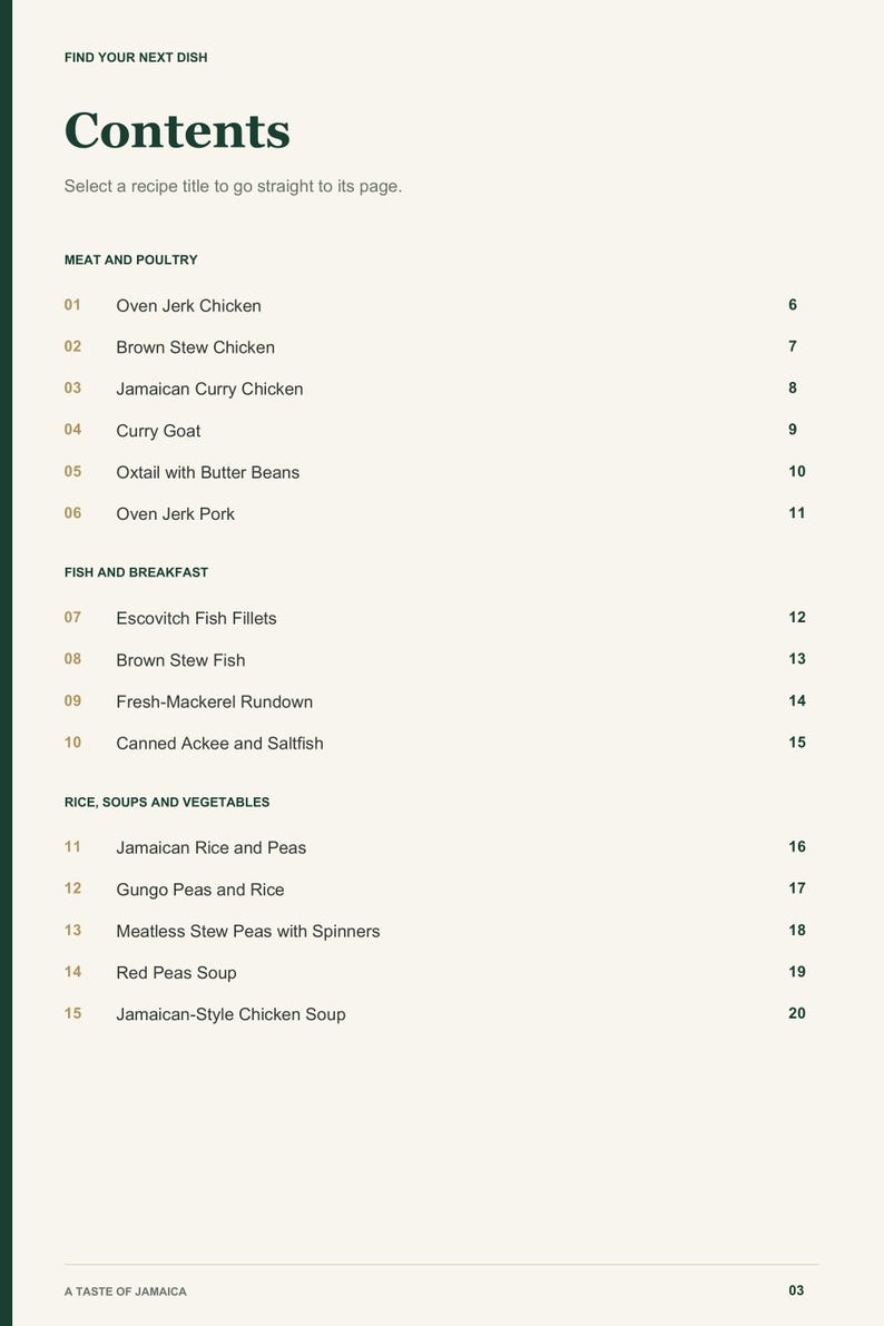 Actual PDF page 3 from A Taste of Jamaica: Contents, page 1.