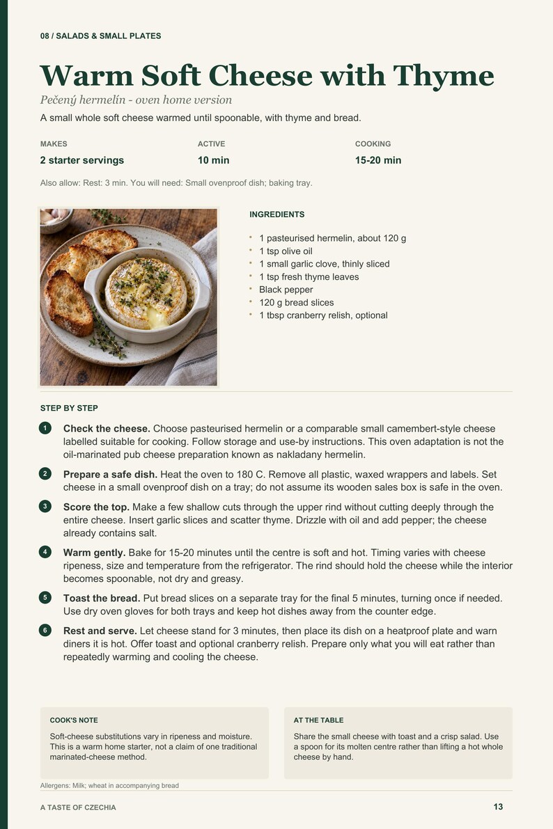 Actual PDF page 13 from A Taste of Czechia: Warm Soft Cheese with Thyme recipe page.