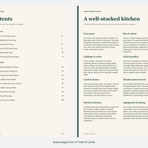 Actual contents and kitchen-notes pages from A Taste of Latvia.