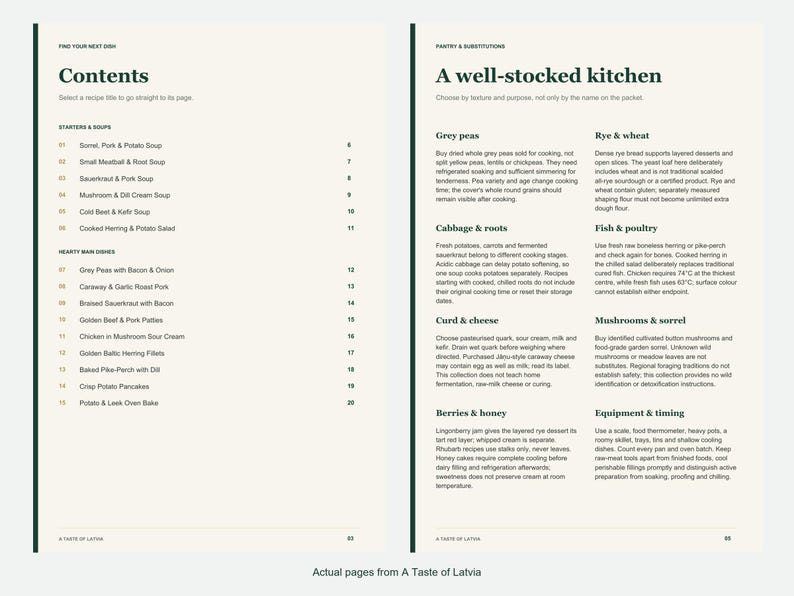 Actual contents and kitchen-notes pages from A Taste of Latvia.
