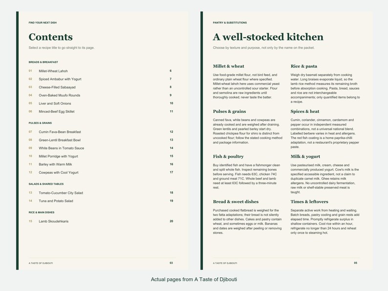 Actual contents and kitchen-notes pages from A Taste of Djibouti.