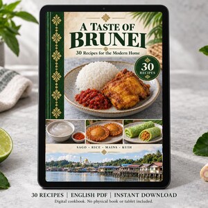 Digital cookbook mockup displaying the actual A Taste of Brunei cover. English PDF download only; no tablet or physical book included.