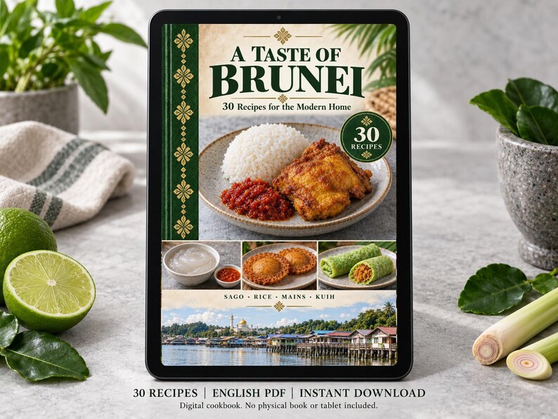 Digital cookbook mockup displaying the actual A Taste of Brunei cover. English PDF download only; no tablet or physical book included.