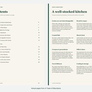 Actual contents and kitchen-notes pages from A Taste of Mauritania.