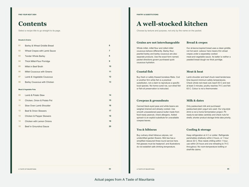 Actual contents and kitchen-notes pages from A Taste of Mauritania.
