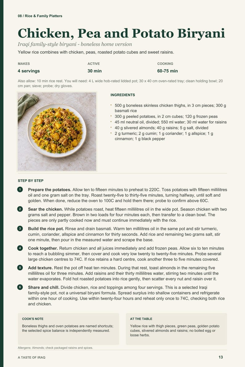 Actual PDF page 13 from A Taste of Iraq: Chicken, Pea and Potato Biryani recipe page.