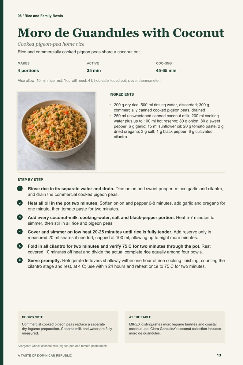 Actual PDF page 13 from A Taste of Dominican Republic: Moro de Guandules with Coconut recipe page.