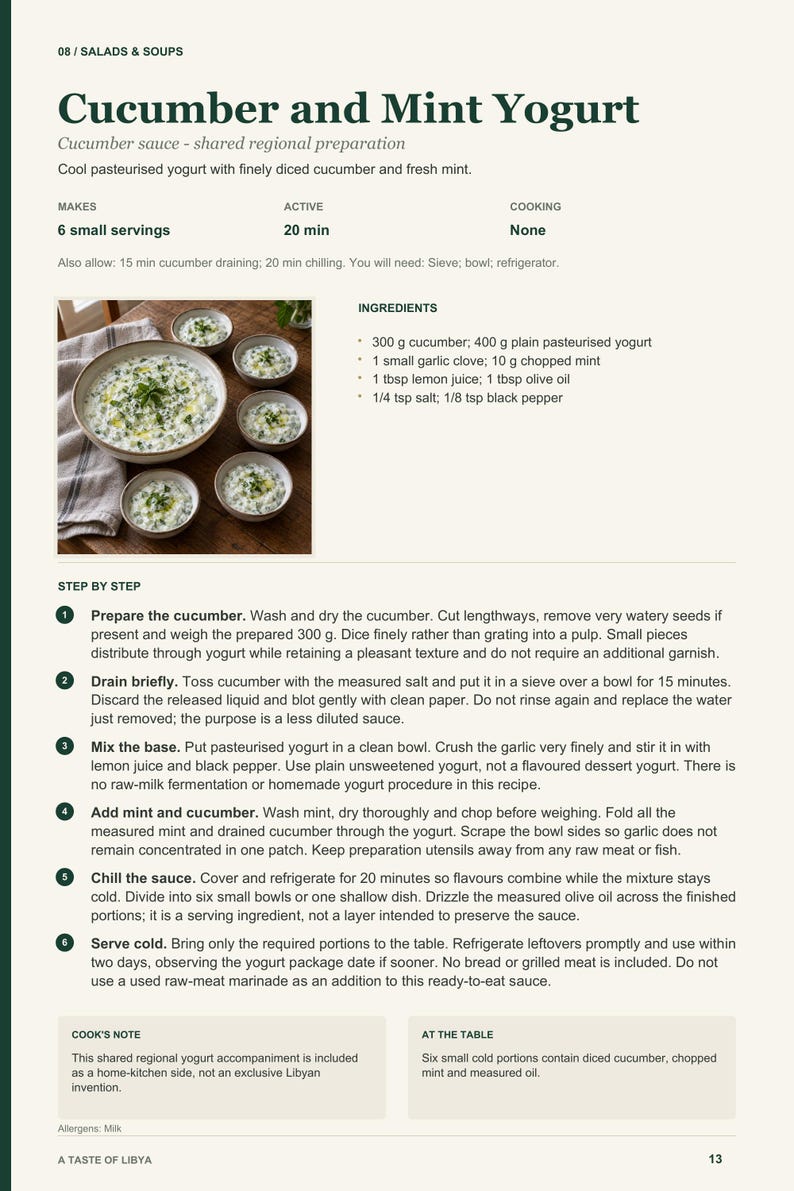 Actual PDF page 13 from A Taste of Libya: Cucumber and Mint Yogurt recipe page.
