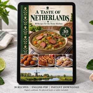 Digital cookbook mockup displaying the actual A Taste of Netherlands cover. English PDF download only; no tablet or physical book included.