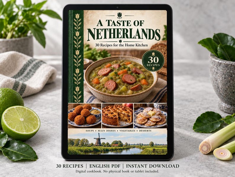 Digital cookbook mockup displaying the actual A Taste of Netherlands cover. English PDF download only; no tablet or physical book included.